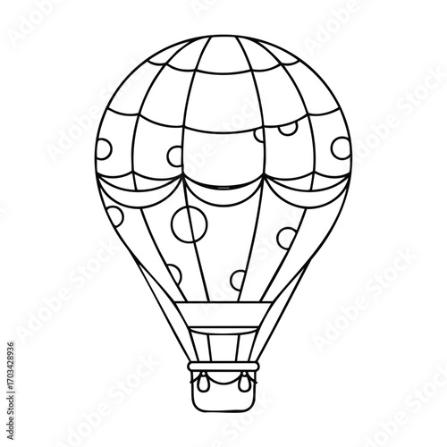 Black and white line drawing of a decorative hot air balloon with a patterned envelope and basket for flying