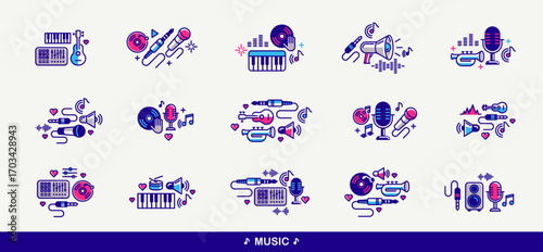 Music and sound producing vector detailed icons set, recording studio mix audio, audio engineering bundle.