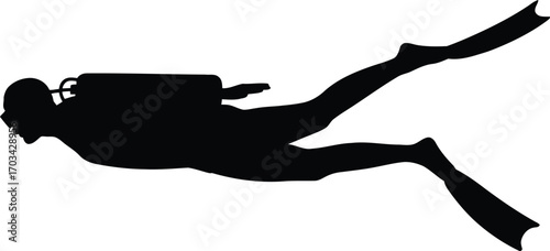 Black silhouette of a diver swimming diving scuba