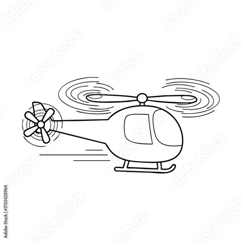 Simple black and white line drawing of a helicopter flying with spinning rotors and motion lines indicating speed