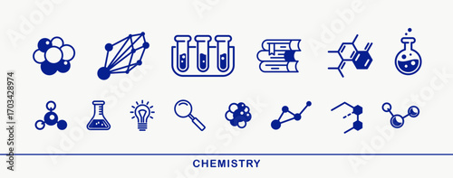 Chemistry vector detailed icons set, pharmacology and biochemistry science, molecules and flasks laboratory experiment.