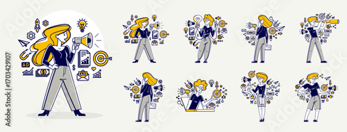 Marketing theme vector outline illustration set, marketer analyzing and creating plan and strategy, advertising business concept, reach a goal success.