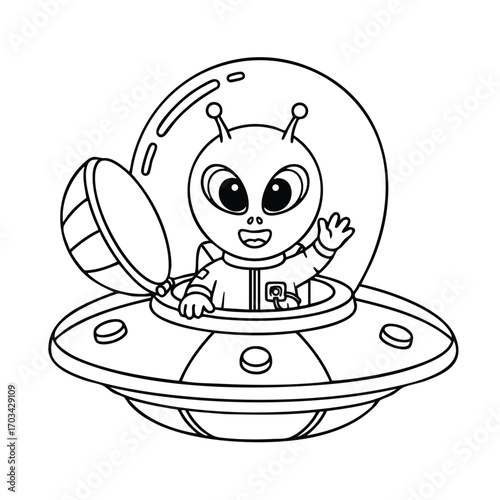 Cute cartoon alien character waving from inside a flying saucer spaceship with a transparent dome hatch open