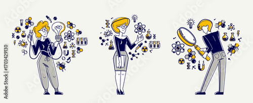 Scientist discovering science theory and making experiments vector outline illustration set, theoretical science research or invention, education learning university.
