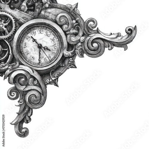 Monochrome illustration of an ornate clockwork corner piece, featuring intricate gears, flourishes, and a clock face, set against a white background