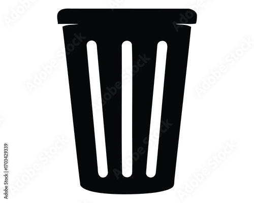 Simple black vector illustration of a trash can with vertical stripes