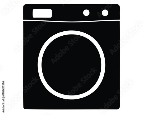Black and white icon depicting a front loading washing machine design