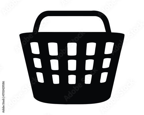 Black and white illustration of a slotted handled basket container object
