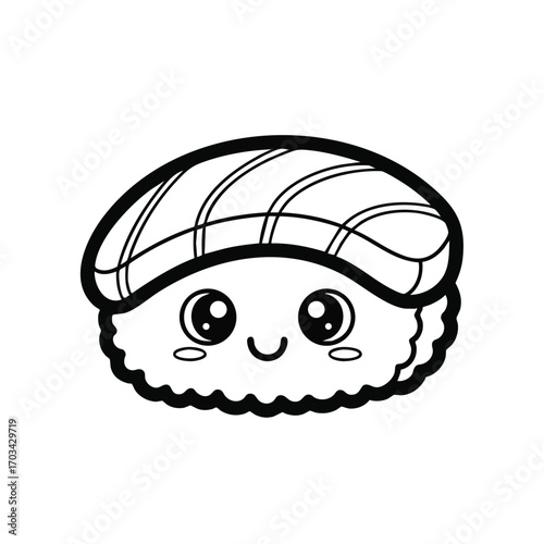 Cute kawaii sushi character with smiling face and large eyes in simple black and white line art style