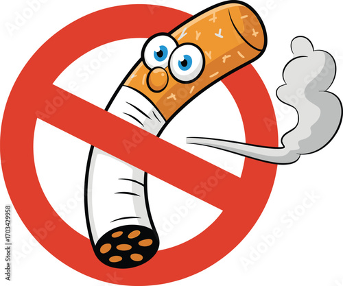 No smoking cartoon sign with funny cigarette, anti-tobacco message vector, stop smoking awareness concept for health education campaigns