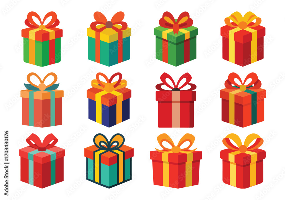 Fototapeta premium Twelve Colorful Cartoon Gift Boxes with Bows