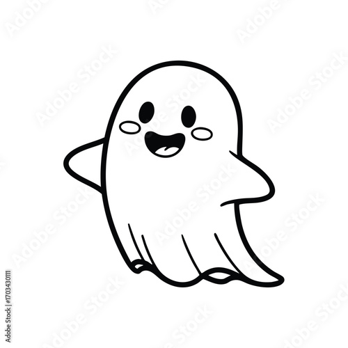 Cute happy cartoon ghost character with smiling face and blushing cheeks in simple black and white line art