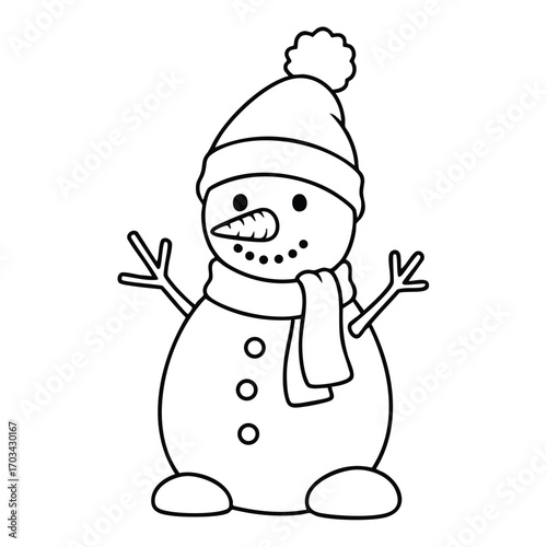 Black and white line drawing of a cheerful snowman wearing a winter hat and scarf with stick arms raised