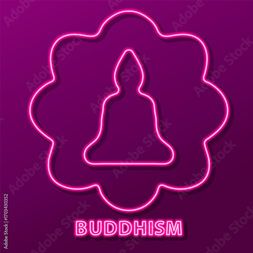 buddhism neon sign, modern glowing banner design, colorful modern design trend on black background. Vector illustration.