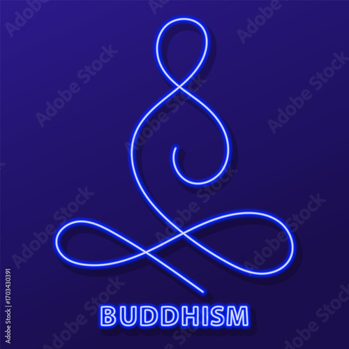 buddhism neon sign, modern glowing banner design, colorful modern design trend on black background. Vector illustration.