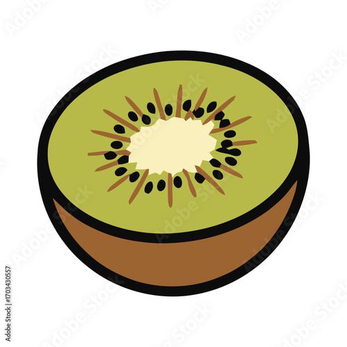 Vibrant cartoon illustration of a fresh kiwi fruit half, showcasing its green flesh and dark seeds, ideal for healthy eating concepts