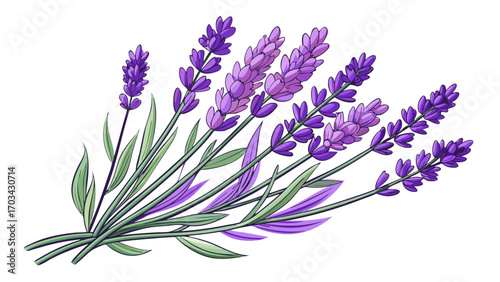 Lavender sprigs isolated on white background tilted angle5, soft purple hues and slender stems, symbolizing calm and serenity, a fragrant touch for tranquil and minimalist vector designs.