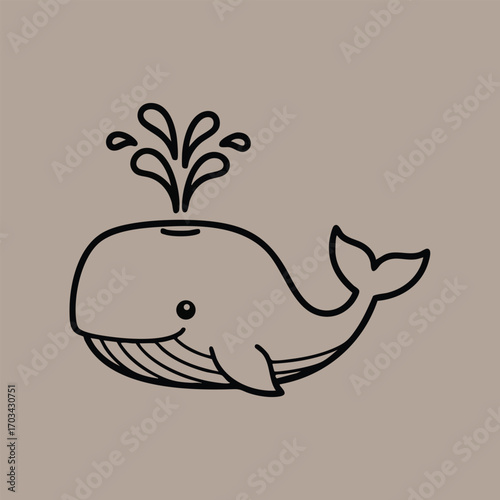 Cute simple black line art drawing of a smiling whale spouting water on a plain background