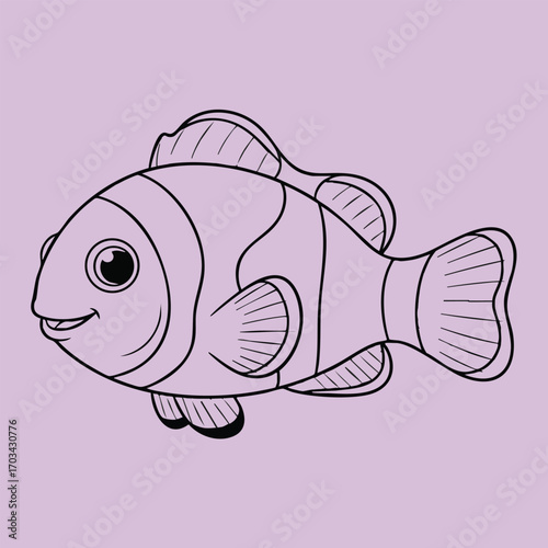 Detailed black and white line drawing of a smiling tropical fish with distinct fins and stripes on a plain background