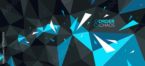 Black and blue polygonal vector abstract background, 3D low poly surface with dynamic particles in motion, order and chaos creative concept, broken elements.