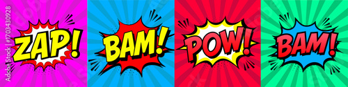 Comic Book Sound Effect Panels – ZAP BAM POW Pop Art Vector Set Colorful Comic Onomatopoeia – Action Words in Retro Pop Style