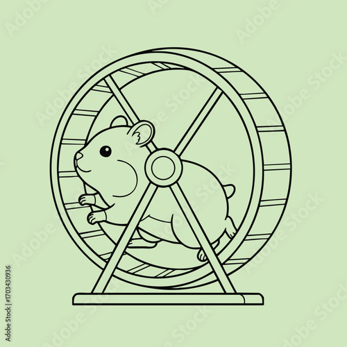 Cute small hamster running inside a circular exercise wheel on a simple solid light green background