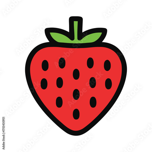 Stylized Red Strawberry Icon with Green Stem and Seeds