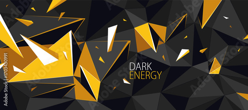 Abstract background of 3D low poly surface with explosion and flying debris particles vector design, dynamic triangular black and yellow contrast backdrop.