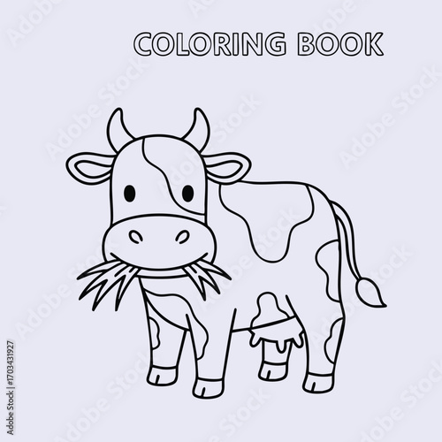Cute cartoon cow eating grass in a simple black and white coloring book style illustration for children