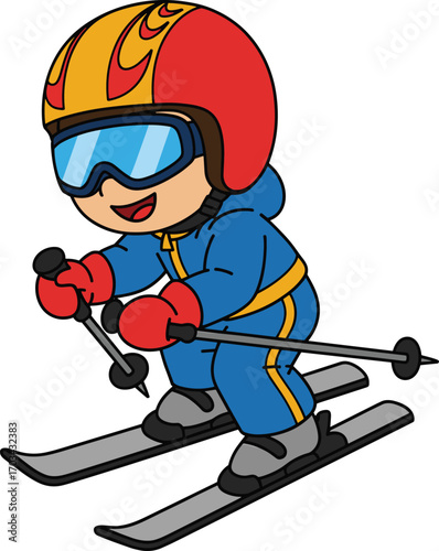 Cartoon skier in blue suit with helmet and goggles, dynamic winter sports illustration for action themes, athletic content, and storytelling design assets