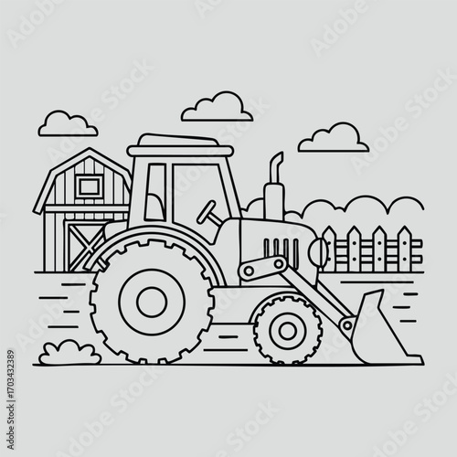 Black and white line art illustration of a tractor with a front loader in front of a barn and a wooden fence under cloudy sky