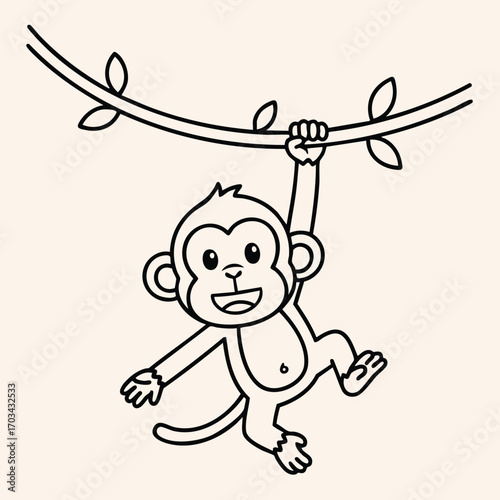 Cute cartoon monkey hanging happily from a leafy vine branch in a playful and joyful pose with a smiling face