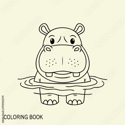 Cute cartoon hippopotamus standing in water with a friendly expression in a simple coloring book style drawing