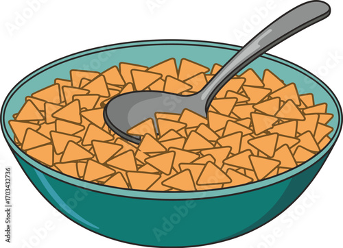 Cartoon bowl of orange triangular chips with spoon, snack food illustration for culinary themes, nutrition content, and playful food-related storytelling design