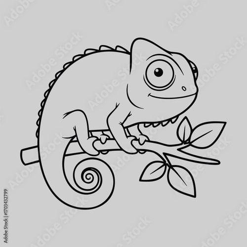 Black and white line drawing of a chameleon perched on a leafy branch with a curled tail and large eyes