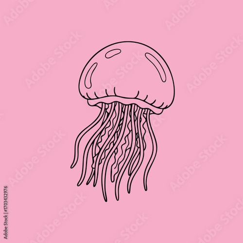 Minimalistic black line art illustration of a jellyfish with flowing tentacles on a solid pink background
