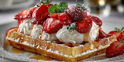 Ripe red strawberries and whipped cream on a crisp golden waffle dusted with sugar.
