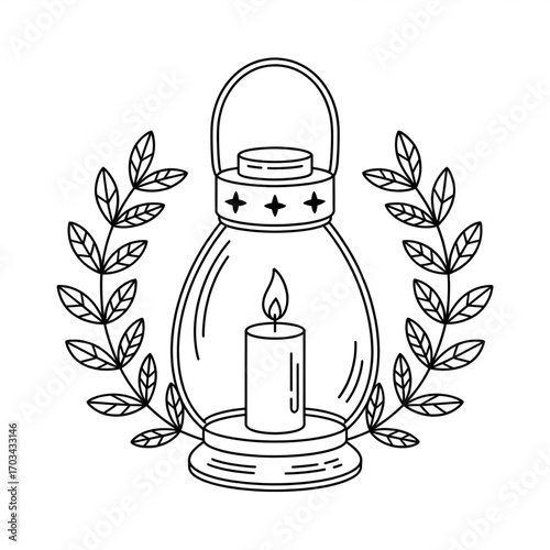 Lantern with Candle and Leaves Illustration | Memorial, Memorials, Remembrance, Sympathy, Peaceful Coloring page