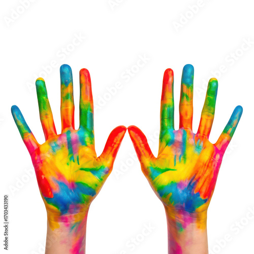Colorful hands covered in vibrant multicolored paint splatter fun and creativity