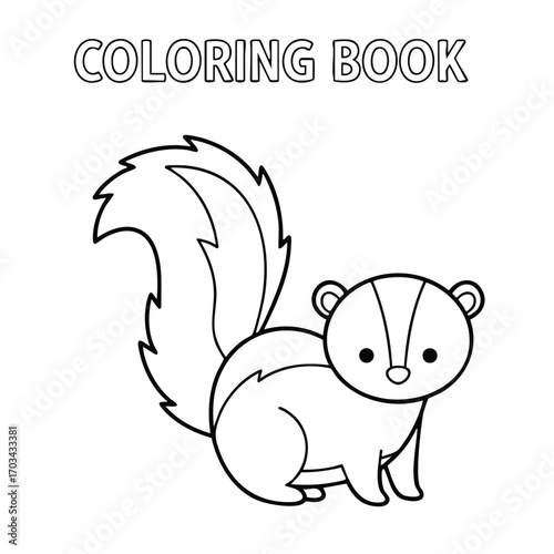Black and white line drawing of a cute cartoon squirrel with a bushy tail for a children's coloring book page