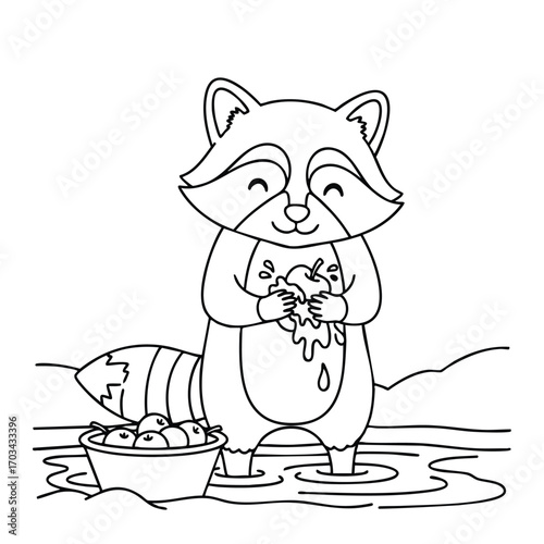 Cute cartoon raccoon happily eating a dripping while standing in water near a basket of apples in nature