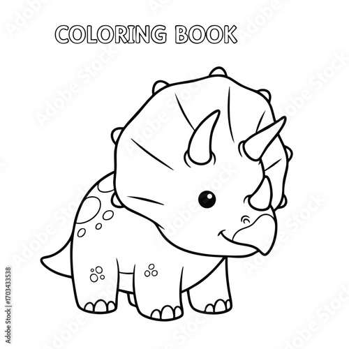 Cute cartoon triceratops dinosaur outlined for coloring book with simple shapes and friendly expression