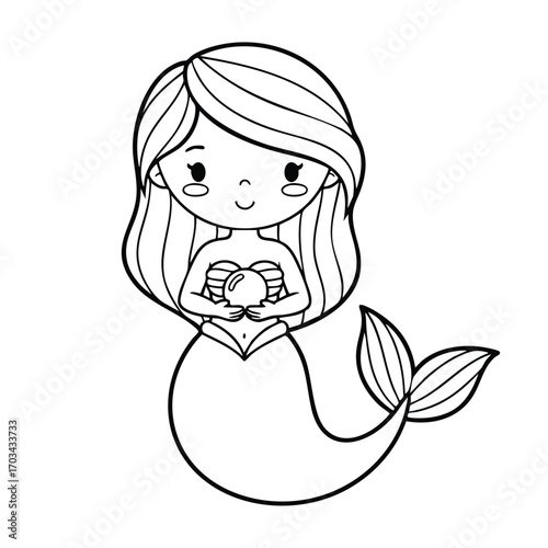 Cute cartoon mermaid holding a pearl with long flowing hair and a smiling face in black and white line art