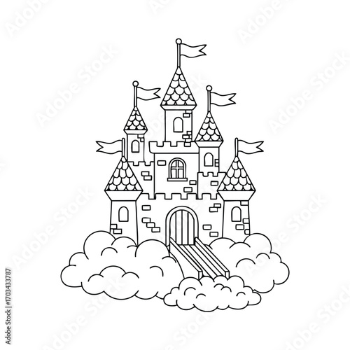 Black and white line drawing of a fairy tale castle with towers and flags surrounded by fluffy clouds in a fantasy style