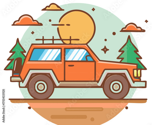 Orange off road car with rooftop cargo traveling through nature under the sun
