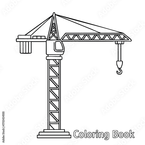 Detailed black and white line drawing of a construction tower crane designed for a coloring book page