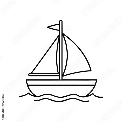 Minimalist black and white line drawing of a sailboat with two sails floating on wavy water in simple style
