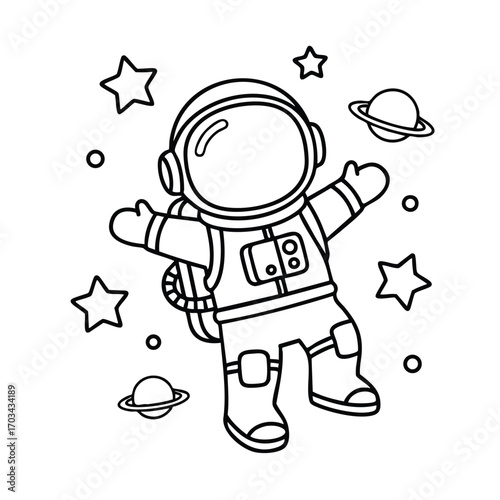 Cute astronaut floating in space surrounded by stars and planets in a simple black and white line art style