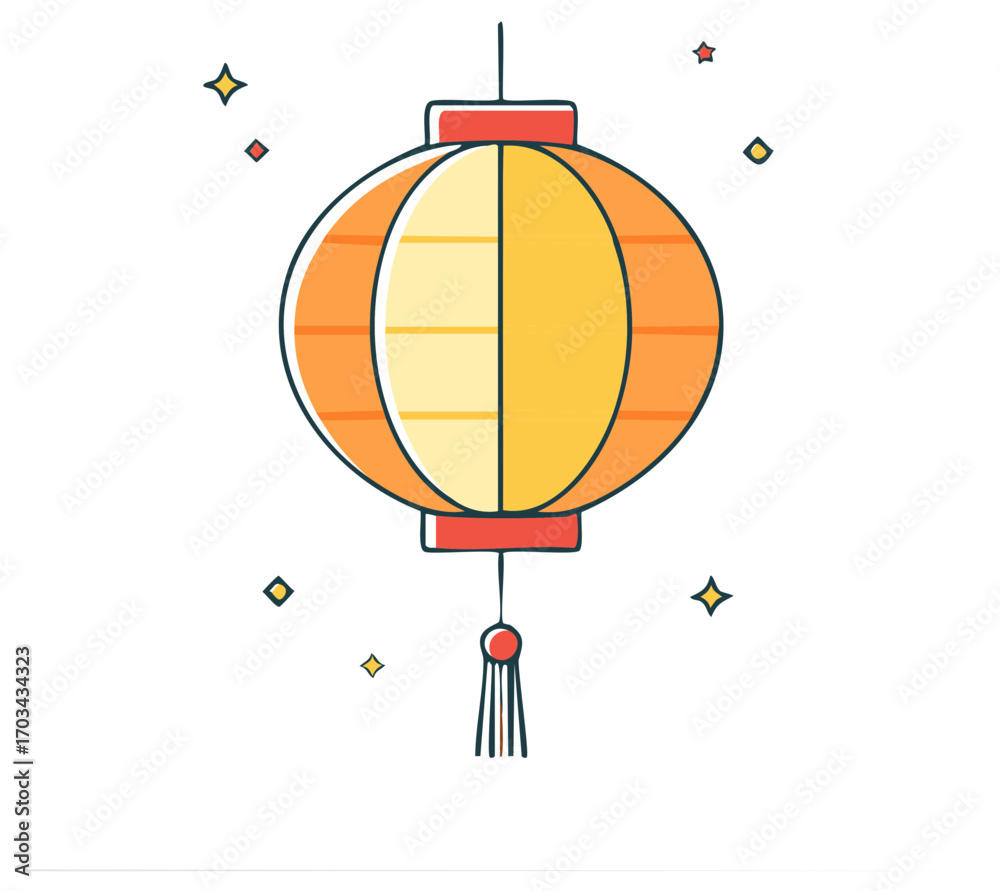 Obraz premium Traditional Asian Lantern Flat Design Illustration Bright Orange Yellow with Festive Sparkles