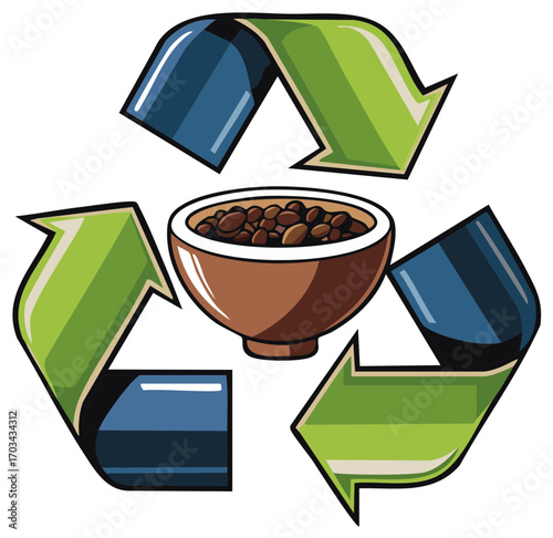 Recycling symbol with coffee beans in a bowl concept for waste reduction and sustainability.